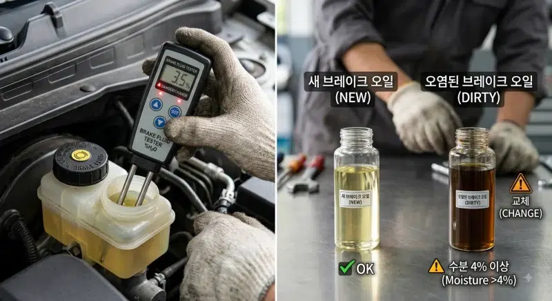 새 브레이크 오일과 오염된 브레이크 오일 육안으로 색깔 구분하는 사진
